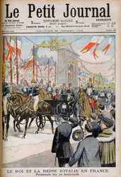 Visit of the King and Queen of Italy to France. The King and Queen of Italy in France. Promenade on the boulevards with Le President of the French Republic Emile Loubet - Illustration for Le petit Journal, 25 October 1903 - Victor Emmanuel III (Victor-Emma