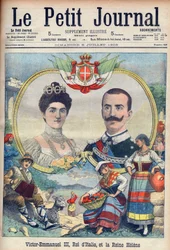 Vittorio Emanuele III di Savoia og Elena di Savoia - Kong Victor Emmanuel III og dronning Elena av Italia. Victor Emmanuel III, konge av Italia, og dronning Helene. Illustrasjon for Le petit Journal, 5. juli 1903.