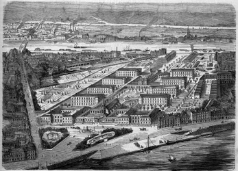Utvendig utsikt over Hotel Dieu (Hotel-Dieu) i Nantes, innviet i 1863. Dette sykehuset ble nesten fullstendig ødelagt under et bombardement i 1943. Loire Atlantique (44). Gravering i ""Le Monde Illustre"" nr. 347 av 5. desember 1863.
