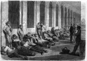 Krigen i 1870: Parisere står i kø foran Finansdepartementet for å tegne det nasjonale lånet til finansiering av krigen. Scene som viser dagen før åpningen av lukene