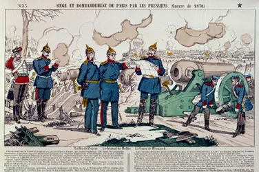 Krigen i 1870: beleiring og bombardement av byen Paris av prøysserne. Den prøyssiske kongen Vilhelm I (1797–1888), general Moltke (1800–1891) og kansler Otto von Bismarck (1815–1898) rådførte seg. Gravering fra 1870. Paris, Musée Carnavalet