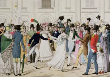 Vi har vår Pere de Gand, feiring i Tuileriene til Ludvig XVIII tilbake i 1815 fra Gent etter 100 dager (fargegravering)