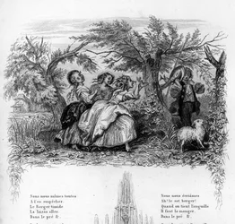 Vi var tre jenter. Tre jenter som leker med en gjeter og gjør ham ukomfortabel. Gravering i "" Chants et chansons populaire de la France", Tome 2