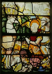 Vindu som viser Saint Eustache (som Placidus) som møter Stag (farget glass)