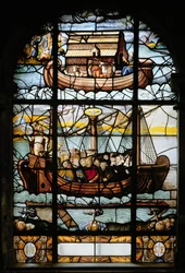 Vindu som viser et skip med helgener og Noahs ark, 1612-22