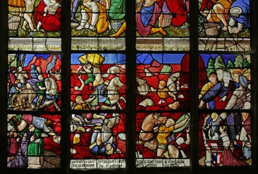Vindu som viser israelittene krysser Rødehavet og Faraos hær drukner (farget glass)