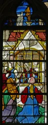 Vindu w119 som viser en scene fra livet til St. Thomas: St. Thomas i fengselet besøkes av prinsesse Migdomie; Venetiansk glass