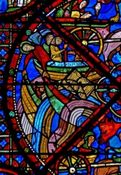 Vindu w15 som viser historien om St Stephens relikvier: Til tross for innsatsen til demonene overlever skipet som frakter relikviene reisen - andre skip blir senket