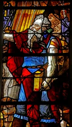 Vindu w16 som viser Moses (moderne hode) organiserer innsamlingen av Manna (noen figurer er kopier av Michelangelo-figurer)
