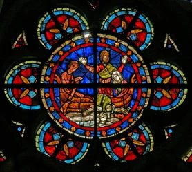 Vindu w205 som viser en scene fra en legende om St Nicholas: guttens mirakel og koppen