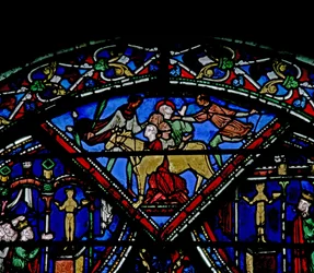 Vindu w21 som viser en scene fra livet til St Eustache: han blir giftet med familien sin i Brazen Bull