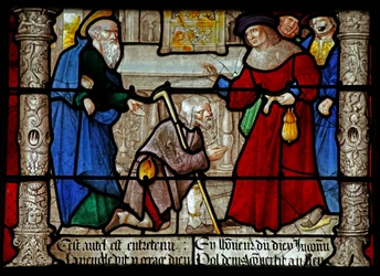 Vindu w31 som viser en scene fra St Denis liv: han helbreder en blind mann?