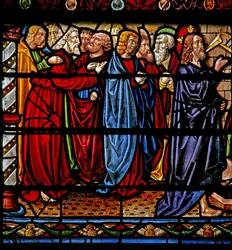 Vindu w6 som viser Kristus med apostlene som Lasarus er oppreist fra de døde