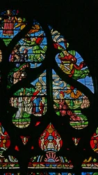 Vindu w6 som viser en scene fra Maria Magdalenas liv - de helliges siste nattverd