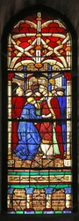 Vindu w7 som viser en scene fra St. Augustins liv: han blir utnevnt til professor i Milano og besøker Ambroise