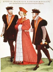 Kvinne fra Nürnberg blir eskortert til tempelet av to senatorer, 1572