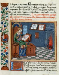 Kvinne som belyser boken om de kloke og uforsiktige av Catherine dAmboise, 1509