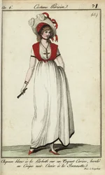 Kvinne i Lisbeth-hatt på moten fra 1798 (håndfarget kobberstikk)