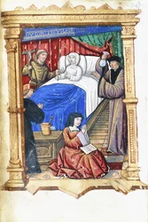 Kvinne i en dødsleiescene med døperen Johannes, ca. 1475-1500