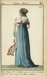 Kvinne med gjennomsiktig sjal i moten fra 1798 (håndfarget kobberstikk)