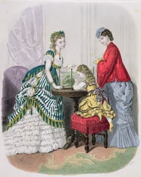 Kvinner og et barn ser på et akvarium, fra La Mode Illustrée, ca. 1870