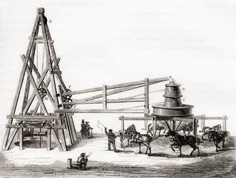 Arbeidere som brukte karusellen og vinsjen for å bore de artesiske brønnene ved Grenelle, Frankrike på 1800-tallet, fra 