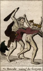 Works of Hercules: “” Hercule triumphant du geant aux trois corps Geryon”” (Labor of Heracles, Hercules killing the Monster Geryon) From “” Mythologie de la jeunesse “” by Pierre Blanchard 1803.