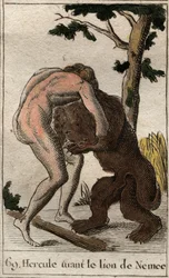 Works of Hercules: “” Hercules killing the lion of Nemee”” (First labor of Heracles, Hercules slaying the Nemean lion) From “” Mythology of Youth “” by Pierre Blanchard 1803.