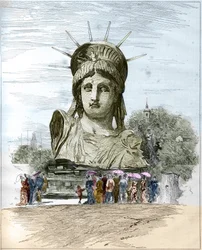 Verdensutstilling 1878 i Paris: lederen av Frihetsgudinnen av Frederic Auguste Bartholdi (1834-1904). Gravering av Edgard Morin i ""The Illustrous World"" nr. 1111 av 13. juli 1878.