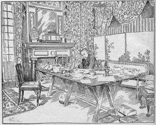 Writer Alexandra Dumas Jr. (1824-1895) in his work cabinet. Engraving in “La gazette du dimanche”” of 12 December 1895.