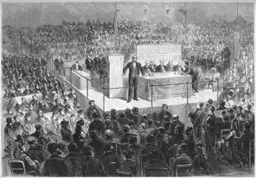 Forfatteren Ernest Legouve (1807-1903) leder et "patriotisk møte" organisert for å skaffe midler til å forløse de franske avdelingene okkupert av Tyskland siden slutten av krigen i 1870. Paris, sirkus på Champs Elysees, 25. februar