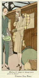 Gul ullreisefrakk med leopardkant, fra Art-Gout-Beaute, utgitt på 1920-tallet (pochoir-trykk)