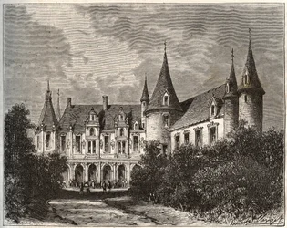 Chateau du Rocher ved Mezangers i Mayenne - gravering i "La France illustrée: geografi, historie, statistisk administrasjon" av V.A. Malt-Brown. 1884