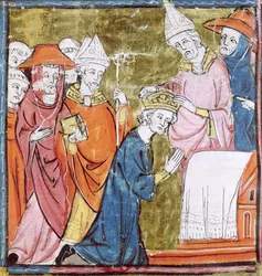 Fol. 106r: Kroningen av keiser Karl den store (742-814) ved pave Leo III (ca. 750-816) i Peterskirken i Roma i 800, Grandes Chroniques de France, 1375-79