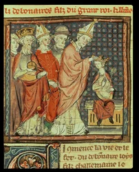Fol. 142r: Kroningen av Ludvig I den fromme (778-840), tysk-romersk keiser, ved pave Stefan IV (pave 816-817) i Reims i 816, fra Grandes Chroniques de France, 1375-79