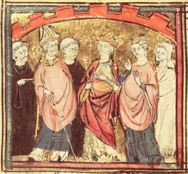 f.73r Dagobert I (605-39), kongen av frankerne som mottar kongeriket Frankrike, fra Grandes Chroniques de France, 1375-79