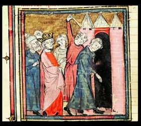 f.86v Charles Martel ser etter straff og forvisning av to menn, fra Grandes Chroniques de France, 1375-79