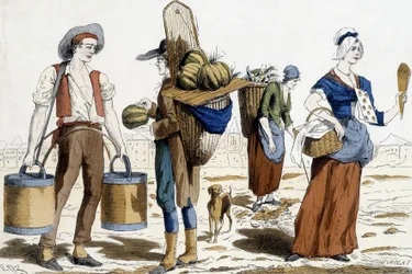 illustrasjon av parisiske kostymer på 1700-tallet: vannbærer, melonhandler, chiffonier, nytelseshandler.