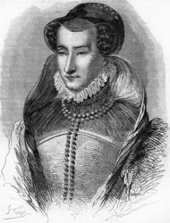 portrait of Joan III of Albret (1528 1572), mother of King Henry IV and wife of Antoine de Bourbon (1528-1572). In “” Histoire Populaire de la France””, sd. circa 1885. Engraving.