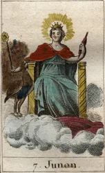 representasjon av den guddommelige Juno, dronningen av guder og himmelen, hun er søsteren og kona til Jupiter (Representasjon av Juno, gudenes dronning, hustru og søster til Jupiter). Fra "Mythology of Youth" av Pierre Blanchard 1803.