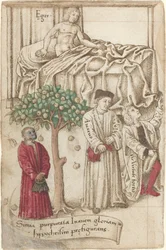 En ape i lilla med en syk mann, en god mann og en gjerrig [fol. 36 verso]