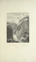 Basalt Rocks and the Cascade de Regla, tegnet av Gmelin, gravert av Bouquet, illustrasjon fra 'Views of the Cordilleras and Monuments of the Native Peoples of America' av Alexander von Humboldt og Aime Bonpland