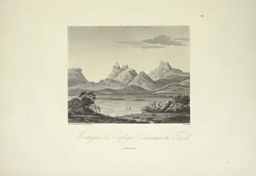 Mountains of Columnar Porphyry, Jacal, tegnet av Marchais, gravert av Bouquet, illustrasjon fra 'Views of the Cordilleras and Monuments of the Native Peoples of America' av Alexander von Humboldt og Aime Bonpland