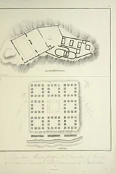 Plan for en befestet inkabolig i Assuay; og ruinene av den gamle peruanske byen Chulucanas, gravert av Bouquet, illustrasjon fra 