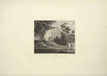 Rock of Inti-Guaicu, tegnet av Koch, gravert av Dutterhoffer, illustrasjon fra 'Views of the Cordilleras and Monuments of the Native Peoples of America' av Alexander von Humboldt og Aime Bonpland