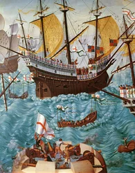 Ombordstigning av Henry VIII 1491-1547 om bord på Henry Grace a Dieu i 1520, kopiert fra et maleri av Vincent Volpi olje på lerret detalj av 148771