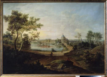 ""Utsikt over det kongelige palasset i Oranienbaum, nåværende Lomonossov i Russland"" (Utsikt over det store palasset i Oranienbaum) Bygget av arkitekt Antonio Rinaldi for keiserinne Katarina II den store. Maleri av Friedrich Hartmann Barisien (1724-1796) 
