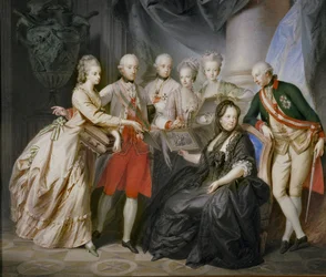 Keiserinne Maria Theresia omgitt av barna sine i enkegarderobe etter ektemannens, keiser Franz Stephans, død … (maleri på lerret)