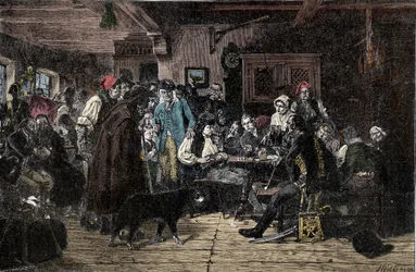 Schlesiens krig: Rekruttering for den schlesiske hæren - Schlesien-krigene (1740-1763): Rekruttering av troppene til Frederic II av Preussen, kjent som den store (1712-1786) - 1882 - Tresnitt av Hiddemann, Friedrich (1829-1892)