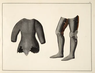 Rustning, plate fra A History of the Development and Customs of Chivalry, av Dr. Franz Kottenkamp, utgitt av Carl Hoffmann, 1842
